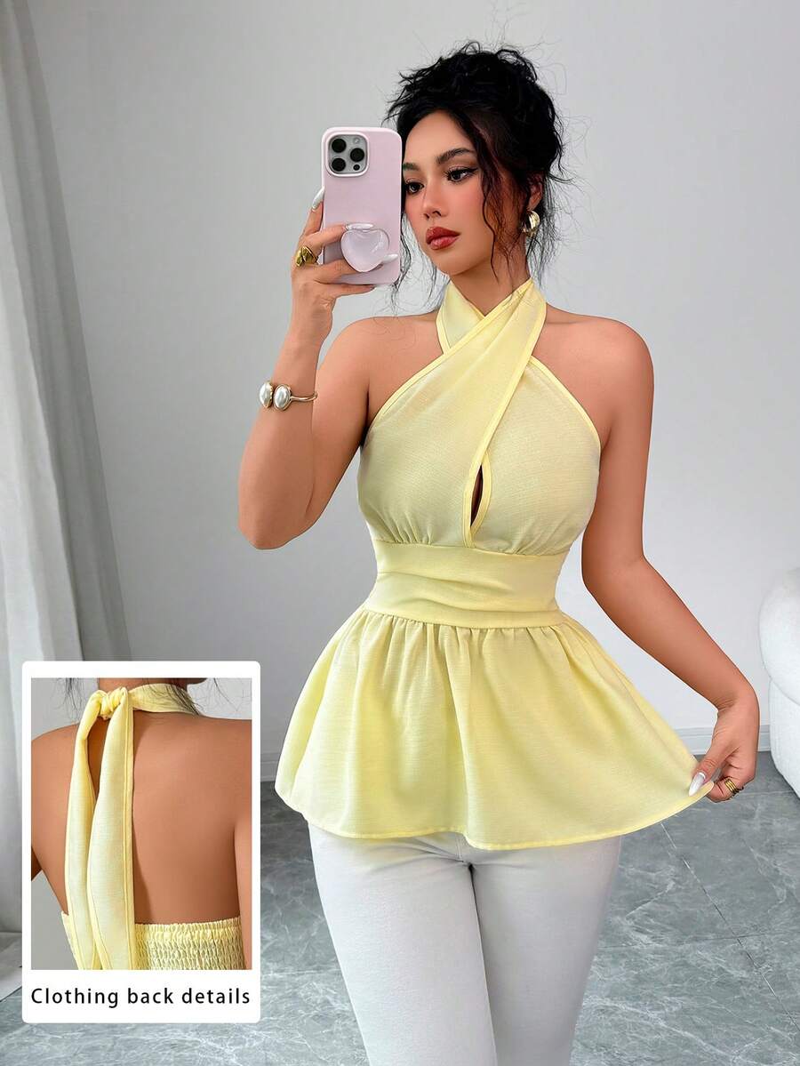 Modelyn Áo kiểu ôm dáng thời trang thắt dây chéo, thích hợp cho mùa xuân/hè. - Màu vàng - Xem 1