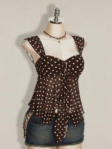 SHEIN ICON Áo tank top nữ in họa tiết chấm bi cổ điển, vạt áo bất đối xứng, viền lưới. - Nhiều màu - Xem 7