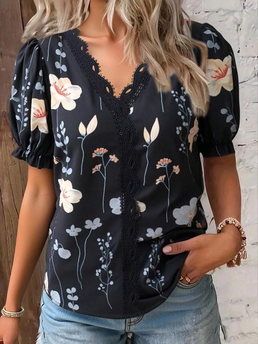 SHEIN LUNE Áo cánh tay bồng ngắn ren họa tiết hoa tương phản dành cho nữ, trang phục đi nghỉ - màu đen - Xem 1