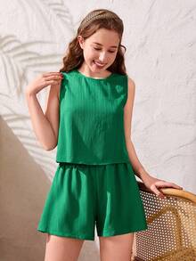 SHEIN Bộ đồ hai mảnh không tay bằng vải dệt thường ngày của cô gái tuổi teen, mùa xuân/hè - màu xanh lá - Xem 5