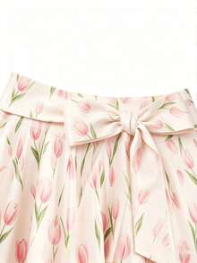 SHEIN Franclia Chân váy nữ kiểu dáng thường ngày, họa tiết nhiệt đới, thắt eo, thích hợp cho kỳ nghỉ hè. - Màu Hồng baby - Xem 3