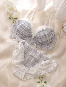 DelicateAllure 2pcs Plaid 3/4 Cup Underwire Padded Bra With Lace Trim, Layered Ruffle, Flounce, Bow Decor, Kawaii Cute Style, Fresh & Adorable Comfy Balconette - Blue - View 4
