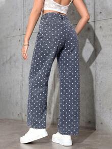 SHEIN ICON Quần jeans ống đứng in họa tiết chấm bi phong cách thường ngày dành cho nữ - Rửa nhẹ - Xem 2