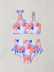 SHEIN Baby Girl's Summer Holiday Flamingo Print 2-Piece Bikini Set,Quick-Drying One-Shoulder Bow Top With Ruffle Trim Triangle Bottoms Beachwear Swimwear - Multicolor - View 5