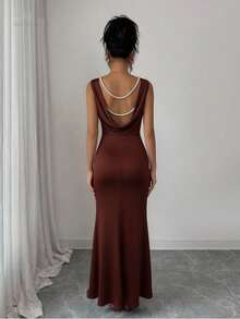 Elenzga Women's New Elegant Backless Pearl Fitted Sleeveless Solid Color High-End Dress - Brown - View 2