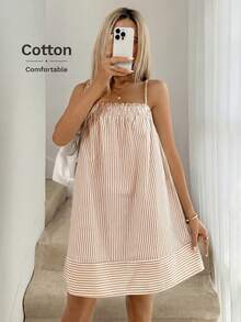 Easowa Frill Trim Ruched Umbrella Skirt Sundress Doll Dress Spaghetti Strap Casual Loose Elegant Commuter Vintage Style Holiday Spring Summer Women Short Dress,Summer Dresses For Women - Apricot - View 2
