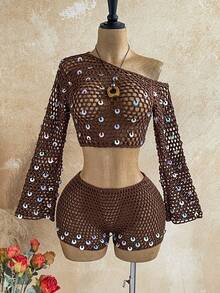 Soleia Áo dệt kim hở vai đính sequin dáng casual dành cho nữ, đa năng cho mặc hàng ngày. - Nhiều màu - Xem 6
