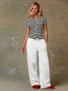 Athîral Women's Casual Colorblock Striped Short Sleeve Top, Summer,Summer Top - Black and White - View 4