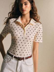 Poéselle Polka Dot Print Polo Collar Women T-Shirt - Apricot - View 7