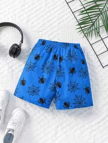 SHEIN Sparklyn Cậu bé mặc quần short in hình mạng nhện đen ngộ nghĩnh, nền xanh dương. - Màu xanh lam - Xem 2