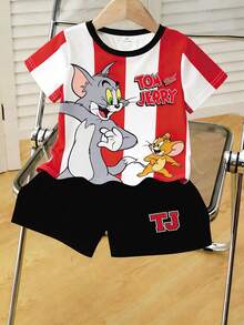 TOM & JERRY X SHEIN GraphicGems 男童休闲运动时尚街头日常通勤卡通撞色条纹印花短袖T恤短裤套装，夏季 - 黑色 - 查看 3