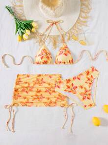 Bikini de 3 piezas con tapa triangular de cuello halter, estampado de leopardo y sarong con lazos laterales para mujeres - Multicolor - Ver 7