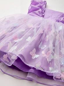 SHEIN Glamorique Kids 女婴公主风3D立体花朵蝴蝶网纱连衣裙，可爱，适合生日派对、婚礼、节日等正式场合，紫色网纱连衣裙 - 紫色 - 查看 6