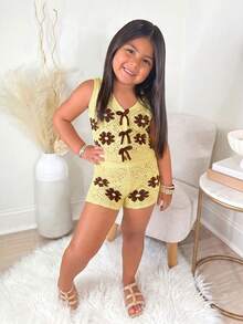 Young Girl Casual Daily Vacation Black & White Knitted Set - Yellow - View 5