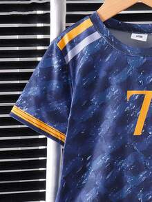 2pcs Baby Boys' Sports Navy Blue T-Shirt And Shorts Set,Summer Casual Holiday Fashionable Colorblock Jersey #10 Print Soft Fabric Outings Clothes - Multicolor - View 3