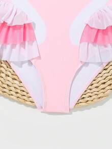 SHEIN Young Girl Summer Beach Contrast Color Swimsuit With Ruffle Hem And Swan Print Summer Holiday - Pink - View 4