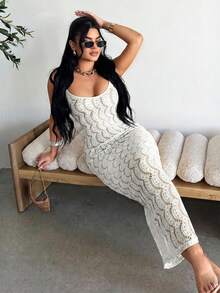SHEIN SXY 女士镂空设计度假修身吊带连衣裙，白色 - 白色 - 查看 3