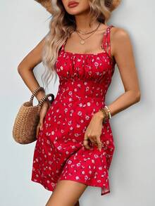 SHEIN Holidaya Đầm ngắn ôm dáng, bèo nhún, thắt nơ phía trước, họa tiết hoa dành cho nữ, thích hợp mặc hàng ngày vào mùa xuân và hè. - Đỏ - Xem 5