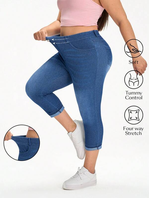 Flexra Plus Size Women Casual Skinny Stretch Jeans With Rolled Hem