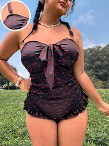 Swim Mod Bộ đồ bơi liền thân in kỹ thuật số tươi mới, mẫu mới về mùa Xuân/Hè 2026, có đệm ngực rời, thiết kế khoét rỗng, điểm nhấn nơ xinh xắn, kiểu áo quây gợi cảm, dây đeo bản rộng, viền bèo nhún, đồ bơi đi biển thanh lịch và thoải mái. - màu đen - Xem 1