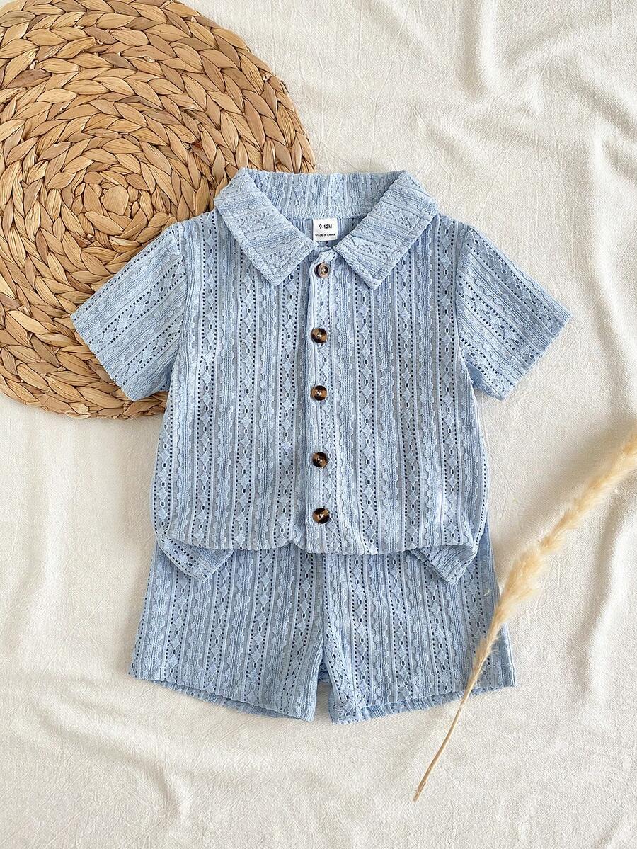 SHEIN Vintaside Kids 2件組中性新生兒男嬰女嬰套裝 藍色夏季波西米亞度假風短袖上衣與短褲套裝 紋理面料 適合0-1歲 - 淺藍色 - 查看 1