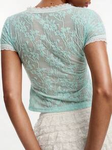 Joudiya Blusa de moda con cuello en V de encaje y mangas cortas - Agua verde azul - Ver 6