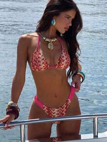 Swim Vcay Women's Spring/Summer New Bikini Swimsuit, Beach Vacation Fashion Sexy Backless Special Fabric Rose Red Two Pieces Swimwear Set - Multicolor - View 2