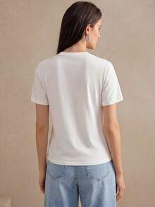 Anewsta Áo thun nữ tay ngắn cổ tròn họa tiết hoa đính đá, kiểu dáng thường ngày. - trắng - Xem 2