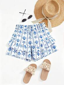 Vionelle Plus-Size Women's Summer Bohemian Beach Vacation Blue And White Leisure Vacation Ocean Shell Star Print Elastic Waist,Ruffled Hem Vacation Pants Skirt - Blue and White - View 7