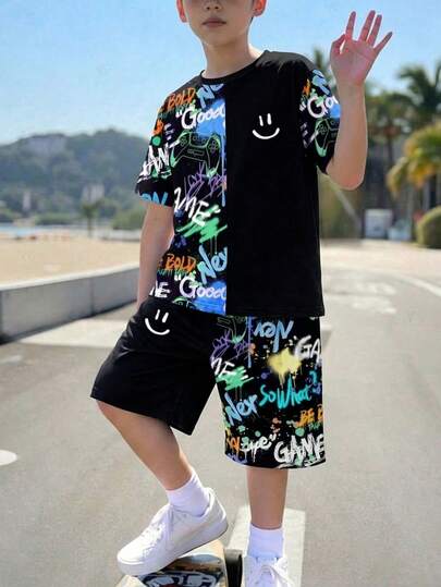2pcs/Set Teenage Boys' Game Console Splatter Print Patchwork Short Sleeve Round Neck T-Shirt + Pocket Shorts Set