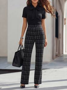 Editum Women's Elegant Solid Color Patchwork Plaid Print Short Sleeve Jumpsuit, Knitted Stretchy Waist Straight Leg Jumpsuit, Suitable For Commuting, Dating, Office Wear And Multiple Occasions Women's Formal Outfit Black Blouse Women Plaid Pants For Women Tweed Pants Women Bow Tie Blouse Zanea Dress For Woman Business Dresses For Women Business Casual Women Co Ords Business Women Clothes Business Outfit Business Casual Outfits For Women Work Outfits For Women - Multicolor - View 4