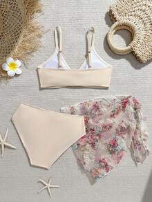 SHEIN Bộ đồ bơi 3 mảnh dễ thương cho bé gái tuổi teen với khăn choàng/viền bèo nhún/thiết kế thời trang, thanh lịch, phù hợp cho bơi lội, kỳ nghỉ hè, bãi biển, hồ bơi, tiệc tùng. Bikini cạp cao kín đáo cho bé gái tuổi teen, bikini hoa hai mảnh cho tuổi teen, đồ bơi 2 mảnh cho tuổi teen, đồ bơi màu be cho tuổi teen, đồ bơi in hoa cho bé gái, bikini dây mảnh có thể điều chỉnh, đồ đi biển cho bộ bikini cho bé gái từ 7 đến 10 tuổi, đồ bơi, bộ bikini cho tuổi teen. - Màu be - Xem 2