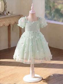 SHEIN Glamorique Kids 小女孩公主裙，3D蝴蝶花朵网纱裙，绿色薄纱裙，泡泡袖，生日派对，婚礼节日正式礼服 - 綠色 - 查看 5