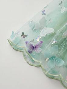 SHEIN Glamorique Kids 小女孩公主裙，3D蝴蝶花朵网纱裙，绿色薄纱裙，泡泡袖，生日派对，婚礼节日正式礼服 - 綠色 - 查看 7