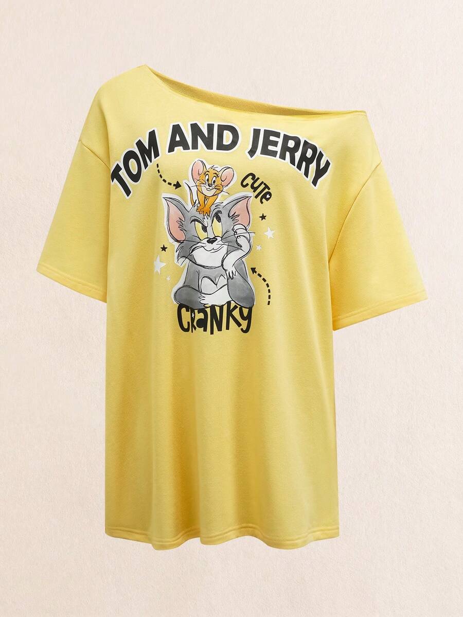 TOM & JERRY X SHEIN Vestido mini asimétrico de mujer con estampado de eslogan - Amarillo claro - Ver 1