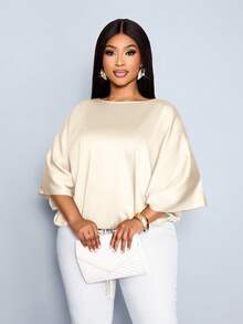 SOLERSUN Blusa holgada y elegante de satén con mangas de murciélago y dobladillo con cordón, para uso casual y de fiesta - Champán - Ver 4