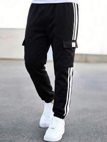 SHEIN 儿童/青少年男童休闲街头风抽绳针织运动裤，适合通勤、上学、日常休闲、旅行、运动，春、夏、秋、冬四季皆宜。 - 黑色 - 查看 7
