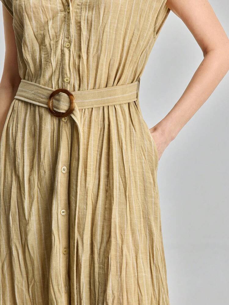 Women's Beige And Comfortable Fabric Fitted V-Neck Cap Sleeve Dress With Side Pockets, Detachable Belt, A-Line Hem, Versatile For All Seasons, Chic Urban Casual Business Commuter Dress, High-Quality Airport Fashion All-Season Versatile Modern Urban Fashion Business Casual Women's Wear Office Attire Understated Old-Money Style, Elegant And Sophisticated, High-Quality Commuter And Airport Clothes Day Summer All-Season Versatile Modern Urban Fashion Business Casual Women's Wear Office Attire Unders