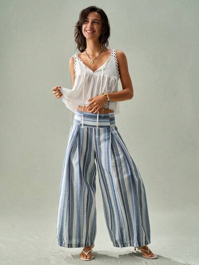 SoleilVie Quần ống rộng cạp cao xếp ly kiểu Bohemian màu xanh trắng kẻ sọc dọc, chất liệu cotton pha lanh, thiết kế lưng thun, dáng rộng và tôn dáng, phù hợp cho đi làm, mặc hàng ngày và đi nghỉ mát.