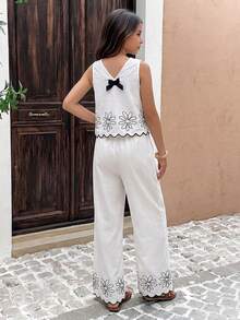 SHEIN 2PCS Tween Girl Linen-Feel V-Neck Floral Embroidery Tank & Wide Leg Pants Set,Black And White,Summer,Casual,Vacation,Holiday,Cute Back Bow Outfit - White - View 4