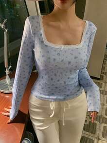 DAZY Camiseta casual de manga larga con ajuste ceñido, adorno de encaje y estampado floral para mujer, ideal para el verano - Azul - Ver 3