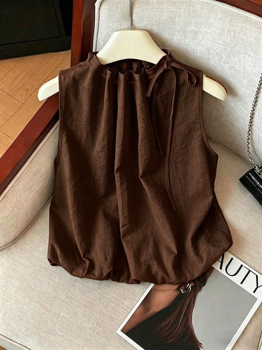 Franclia Elegant Sleeveless Elastic Waist Loose Neckline Drawstring Textured Woven White Blouse For Women, Spring/Summer - Coffee Brown - View 1