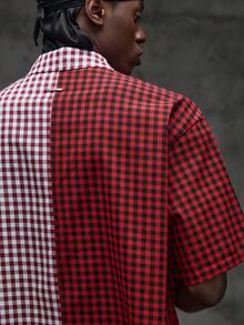 Manfinity RebelGame Men's Contrast Plaid Short Sleeve Button-Down Casual Street Wear Shirt Vacation Red And White Plaid Summer - Red - View 3