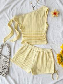 Serisse Kids Bộ đồ đôi cho bé gái tuổi teen mùa xuân/hè, màu vàng trơn, chất liệu dệt kim, kiểu dáng bất đối xứng, thích hợp cho kỳ nghỉ, đi biển, phong cách miền Tây, thanh lịch, phóng khoáng, nhiệt đới, chất liệu dệt kim, màu vàng, kiểu dáng bất đối xứng, buộc dây vai, một vai, có dây rút, dành cho lễ hội âm nhạc. - Màu vàng - Xem 2
