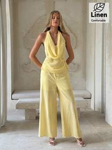 Aloruh Women's Summer Holiday Solid Color Textured Halter Top And Pants 2 Pieces Set Vacation Yellow Casual - Khaki - View 8