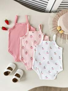 SHEIN Playful Pals 3件套女婴夏季针织连体衣，可爱樱桃草莓图案纯色无袖连体衣，适合休闲外出、玩耍和聚会。 - 彩色 - 查看 3