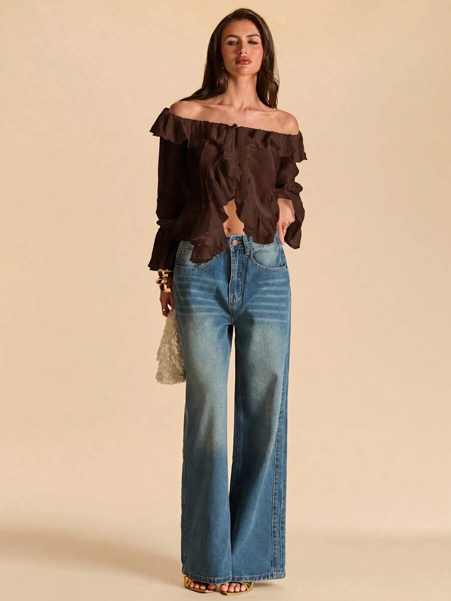SHEIN BAE All Shades Of Brown 秋季時尚性感優雅約會之夜外出度假女款荷葉邊飾不對稱綁帶袖口下擺長袖襯衫 - 咖啡棕 - 查看 1