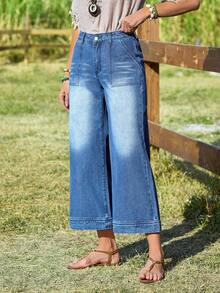 SHEIN LUNE Jeans anchos de pierna lavados de estilo casual para vacaciones de mujer - Azul lavado oscuro - Ver 3