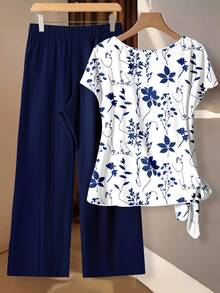 EMERY ROSE Conjunto de 2 piezas de camisa con nudo delantero y pantalones con estampado floral azul y blanco, talla grande - Multicolor - Ver 2