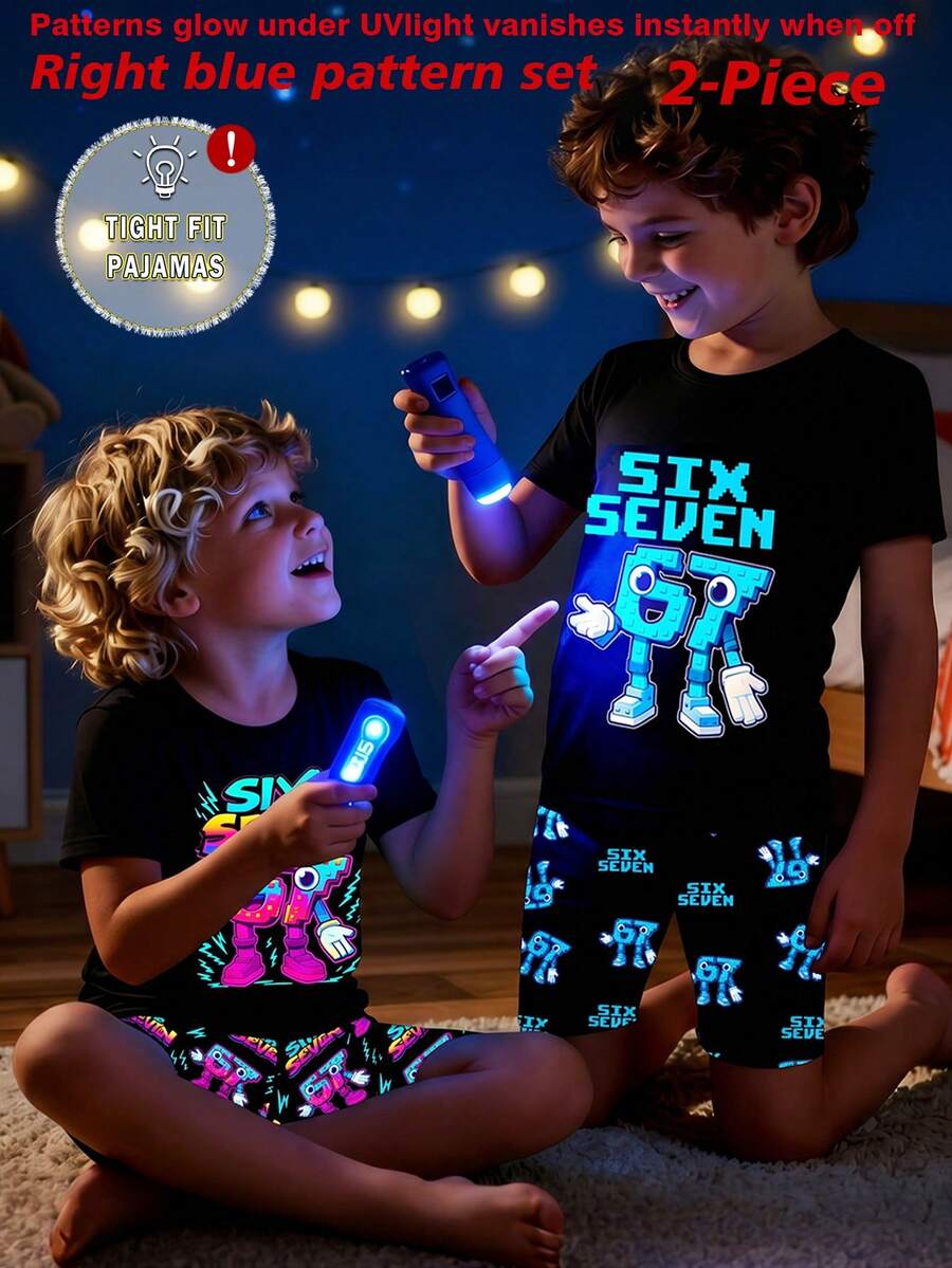 1 conjunto Pijama de Meninos Jovens com Estampa Gráfica que Brilha no Escuro, Top de Manga Curta e Shorts de Ajuste Justo, Inclui Luz UV para Brilho Noturno (1 Conjunto) - Preto - Visão 1